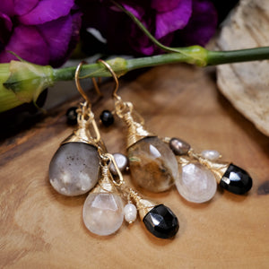 Dendritic Opal, Moonstone, Onyx and Pearl Cluster Earrings Gold