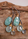 Amazonite, Chalcedony and Aquamarine Cluster Earrings Silver and Gold