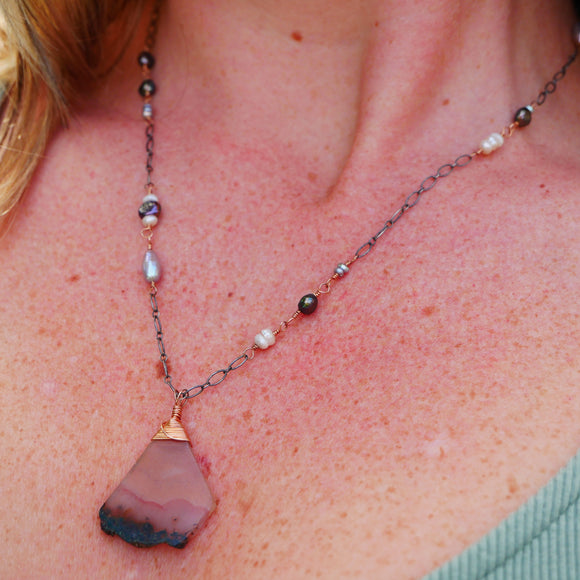 Agate Slice, Freshwater Pearl Necklace Silver and Rose Gold