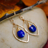 Lapis, Hammered Leaf Hoop Earrings Gold