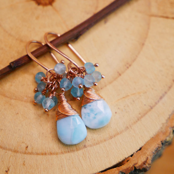 Larimar, Apatite Cluster Earrings Rose Gold