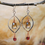 Smokey Quartz, Garnet, Silver and Rose Gold Hammered Hoops