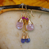 Morganite, Pink Sapphire, Tanzanite, Cascading Earrings Gold