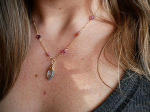 Moss Aquamarine and Pink Sapphire Necklace Gold