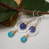 Tanzanite, Turquoise Hammered Hoops Silver and Gold
