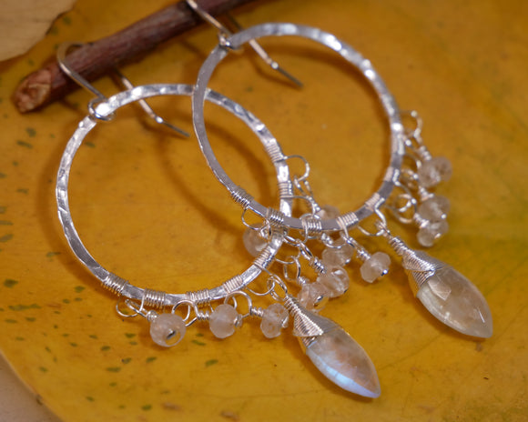 Moonstone and Sapphire Hammered Chandelier Hoops Silver