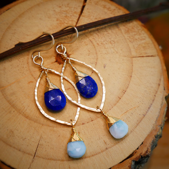 Lapis, Larimar Hammered Leaf Hoop Gold