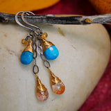 Turquoise, Sunstone, Citrine, Cascading Earrings Silver and Gold