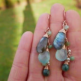 Labradorite, Chalcedony, Emerald, Cluster Earrings Silver and Rose Gold