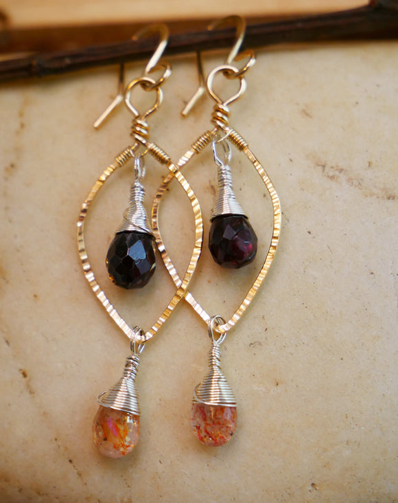 Garnet, Sunstone Hammered Leaf Hoop Gold and Silver