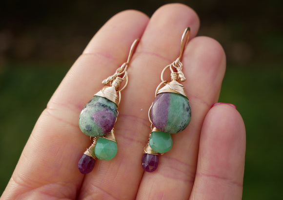 Ruby Zoisite, Chrysoprase and Ruby Cluster Earrings Gold