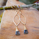 Rutilated Quartz, Leaf Hoop Earrings, Gold