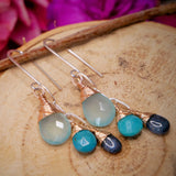 Chalcedony, Turquoise and Kyanite Cluster Earrings Silver and Rose Gold