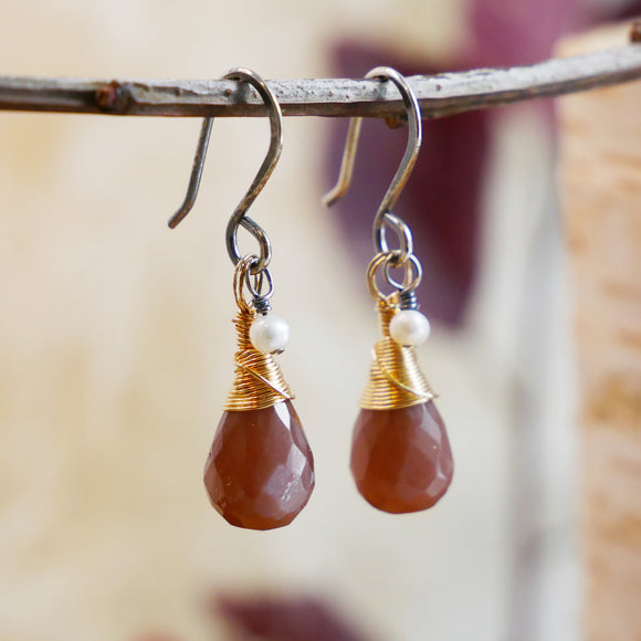 Chocolate Moonstone, Pearl, Silver and Gold Drop Earrings
