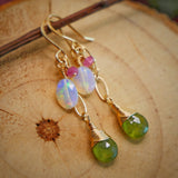 Opal, Vesuvianite, Pink Tourmaline Gold Cascading Earring