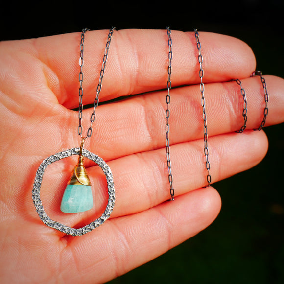 Amazonite Abstract Hoop Necklace Silver and Gold