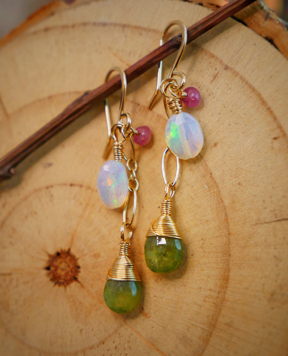 Opal, Vesuvianite, Pink Tourmaline Gold Cascading Earring