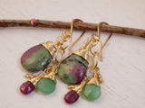 Ruby Zoisite, Chrysoprase and Ruby Cluster Earrings Gold