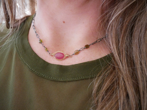 Pink and Green Sapphire Herringbone Necklace Silver and Gold