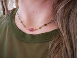 Pink and Green Sapphire Herringbone Necklace Silver and Gold
