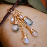 Topaz, Moonstone, Akoya Pearl Cascading Earrings Gold