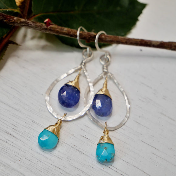 Tanzanite, Turquoise Hammered Hoops Silver and Gold