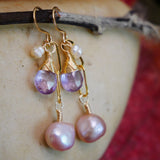 Amethyst, Pearl, Cascading Earrings Gold