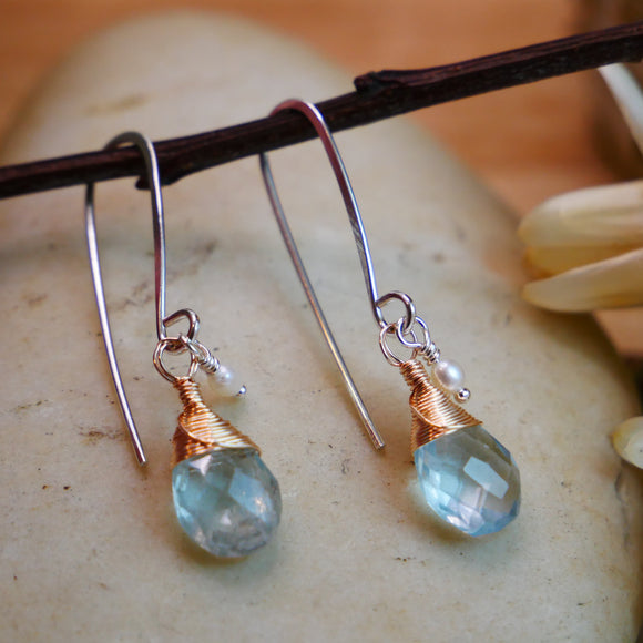 Aquamarine, Pearl Earrings Silver and Rose Gold