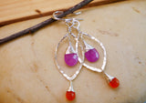 Pink Sapphire, Carnelian, Hammered Leaf Hoop Sterling Silver