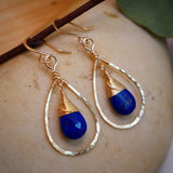 Lapis Teardrop Hammered Hoop Gold