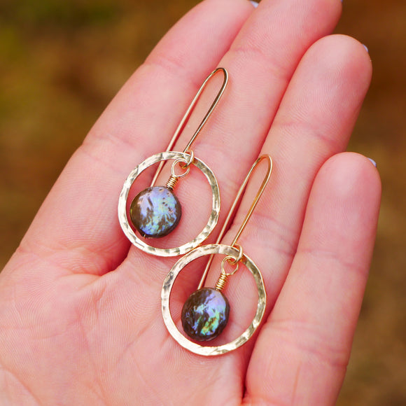Pearl Hammered Threader Hoops Gold