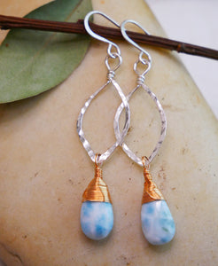 Larimar Hammered Hoops Silver and Rose Gold