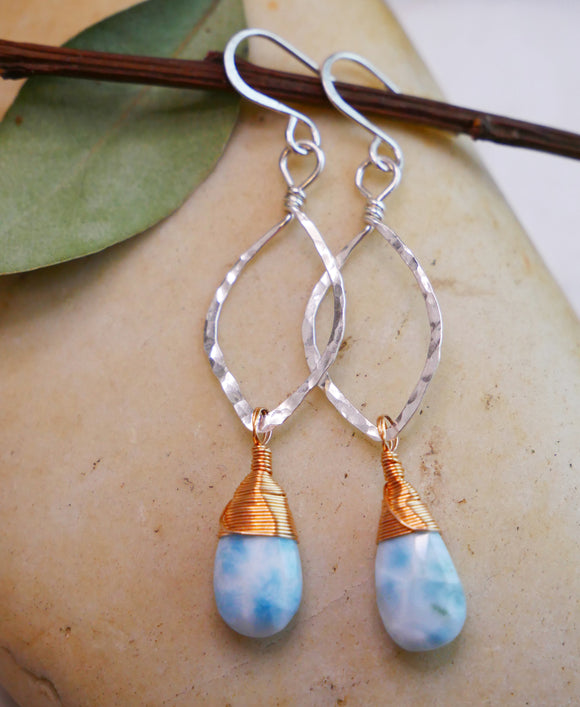 Larimar Hammered Hoops Silver and Rose Gold