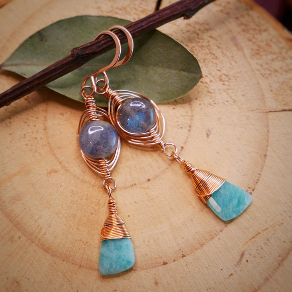 Labradorite, Amazonite Herringbone Earrings Rose Gold