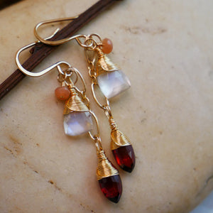 Moonstone, Garnet, Peach Moonstone Cascading Earrings