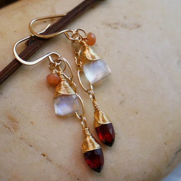 Moonstone, Garnet, Peach Moonstone Cascading Earrings