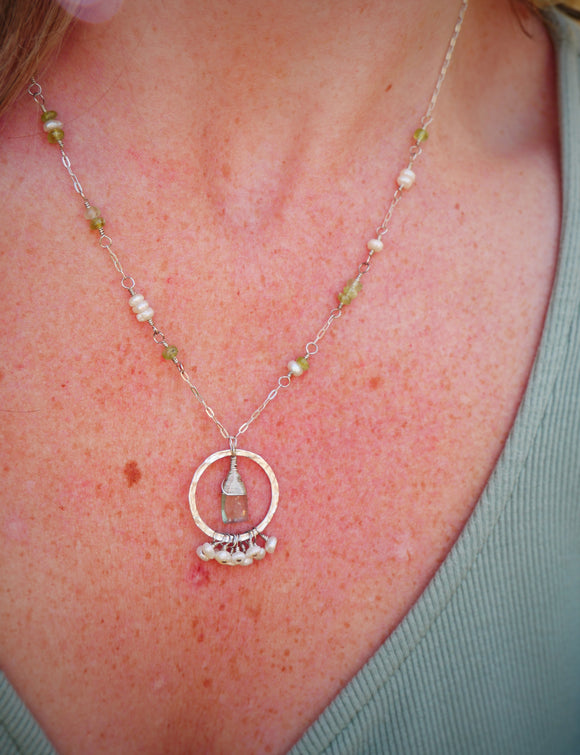 Green Kyanite, Tourmaline, Pearl Hammered Hoop Necklace
