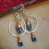 Labradorite, Kyanite, Hammered Hoops, Sterling, 14k Rose Goldfill