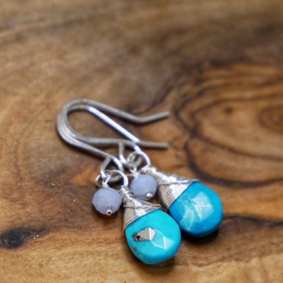 Turquoise and Blue Lace Agate Drop Earrings Silver