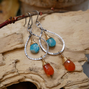 Turquoise, Carnelian Hammered Hoop Silver and Gold