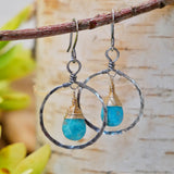 Turquoise Hammered Hoops Silver and Gold