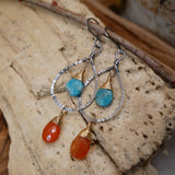 Turquoise, Carnelian Hammered Hoop Silver and Gold